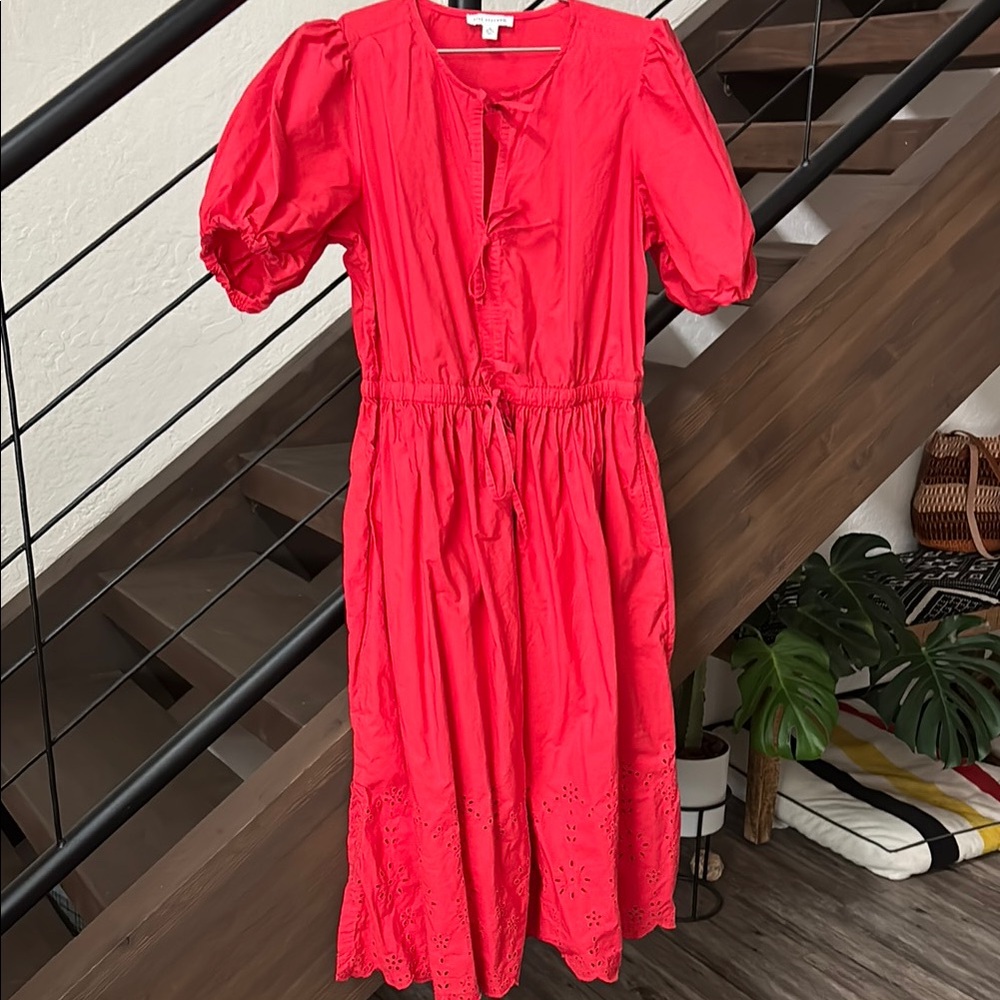 Red Midi Dress with Puff Sleeves